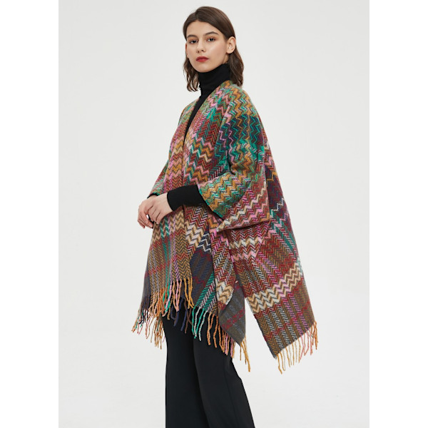 Kvinners Sjal Wrap Rutete Poncho Cape Åpen Front Genser Strikket Cardigan med Dusker