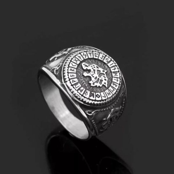 Ring med ulv og rustfritt rune-symbol - 5 størrelser - Viking Valknut