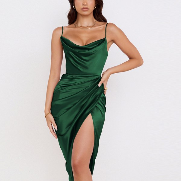 Ermeløs, sateng gjestefestkjole for kvinner (grønn, XL)