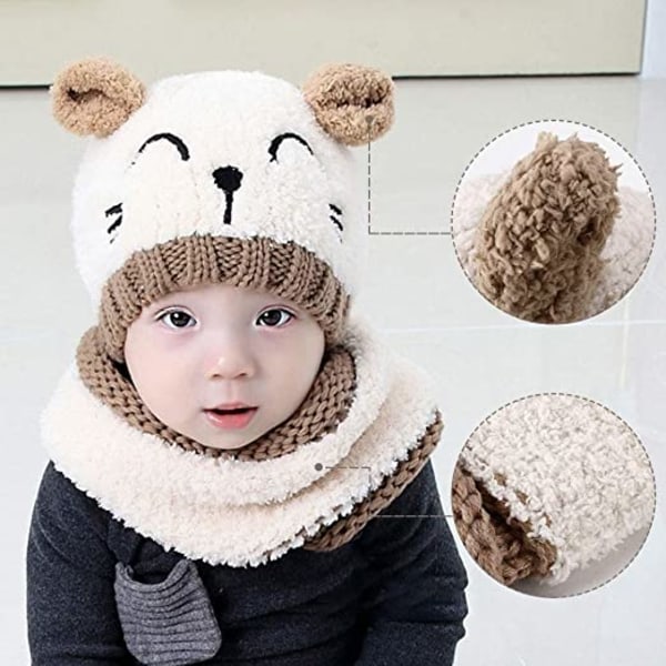 Børn Vinter Baby Beanie Hat, Sæt 3-delt Sæt Beanie-beige