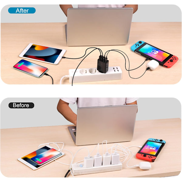 2-pack USB-laddare, 4-portars USB-laddningsadapter med 33W Smart QC 3.0 snabbladdare, Multi-port strömförsörjning för iPhone, Samsung black 2 pack