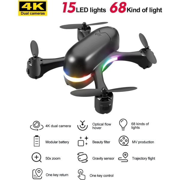 Mini Drone, 4K HD vidvinkel quadcopter positioneringskamera, sort