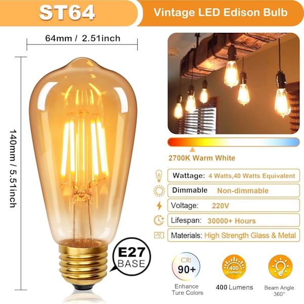 Vintage-lamppu E27-kierre, 4 W vastaa 40 W, retro meripihkanvärinen lämmin lasikierre-lamppu, 2700 K lämmin valkoinen, kierre LED-filamentti, 6 kpl 6pcs