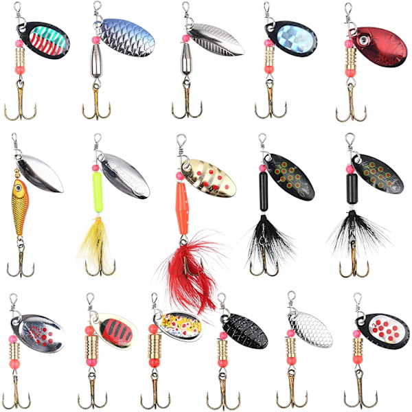 Spinner blinksett, 16 deler fiske fungerer med treble kroker, paljetter kunstig agn for ørret, abbor, laks, gjedde