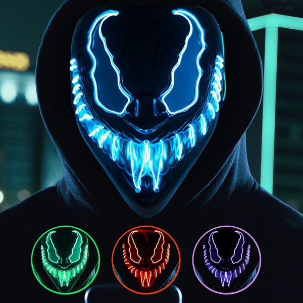 LED Halloween-naamari med 3 ljusl?gen | Skr?mmande ljus ansiktsmask | Demon Cosplay Cosplay Mask Blue