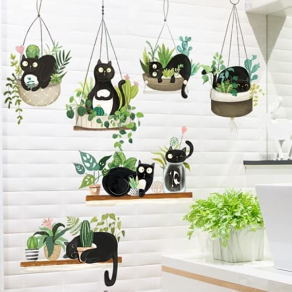 Veggdekor (svarte katter som ligger i hengende potteplanter)