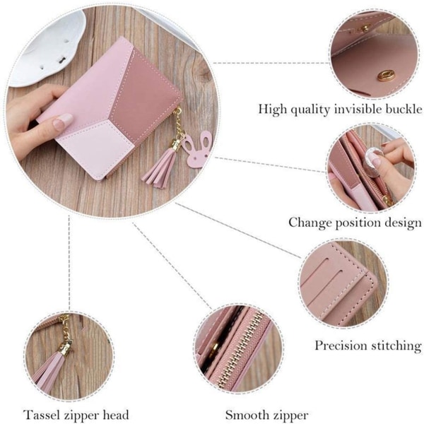 Liten plånbok för kvinnor, tjejer Bifold Slim PU-läder (rosa)