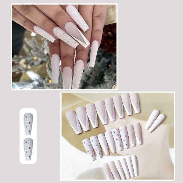 Konstgjorda naglar Lång tryck på naglar Franska vita konstgjorda naglar