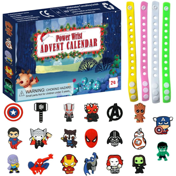 Advent Calendar Christmas 24 Days Countdown Calendar Toy for Kids with 20Pcs Superhero Figures Avengers,4Pcs Silicone Bracelets