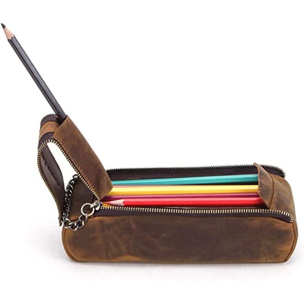 Pen Etui Læder Taske Ko Læder Læder Lynlås Pen Etui(Kaffe
