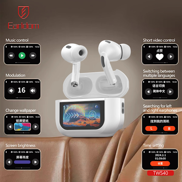 Earldom ANC ENC tws ørepropper med digital LCD berøringsskjerm trådløse in-ear hodetelefoner høy kvalitet støydemping TWS40 White