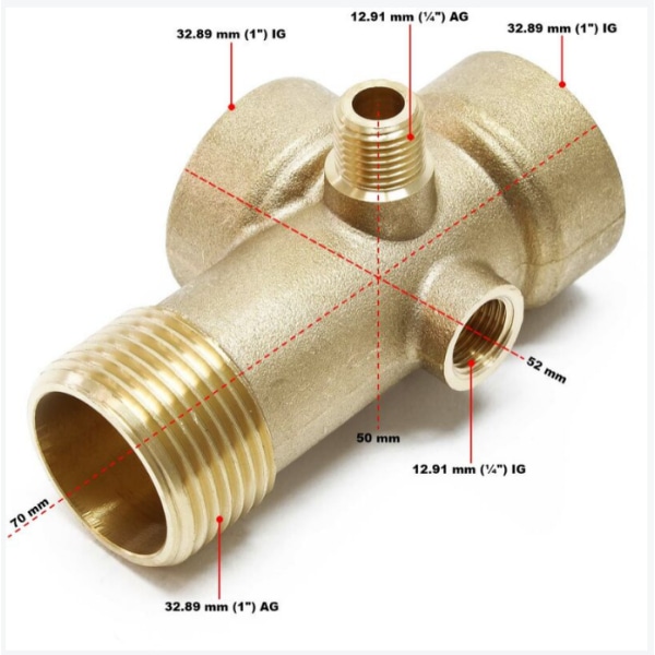 5-vejs messingbeslag DN25 1 DN13 1/4 blæsetank trykkærl