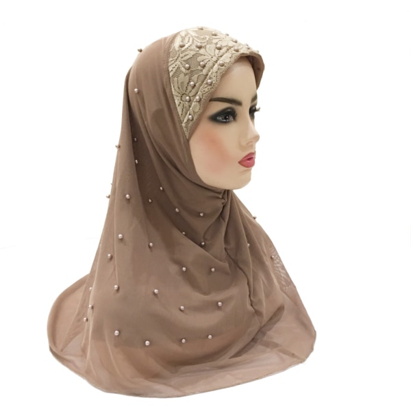 Chiffong Muslim Hijab Hijab Dubbel Mesh Beaded Hijab-khaki