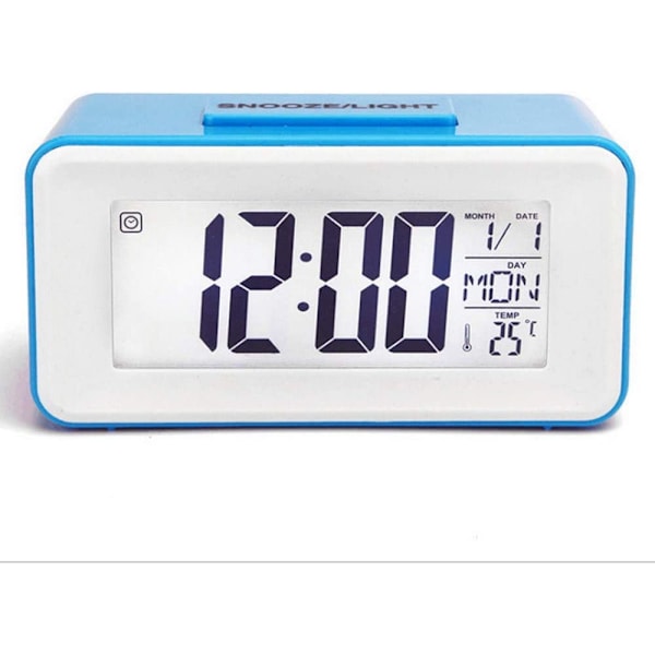 Digital LED-alarm med dato, temperatur, musikk og batteridrift, blå