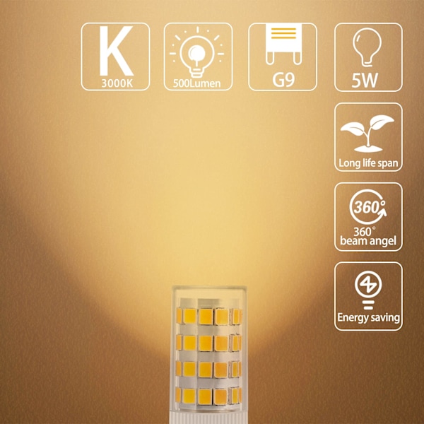 G9 LED-lampor Varmvitt, 5W, 500LM, 3000K, Ersätter 40W G9 Halogenlampa, Flimmerfri Ej Dimbar för Belysningsdekor, Krona, 10-pack