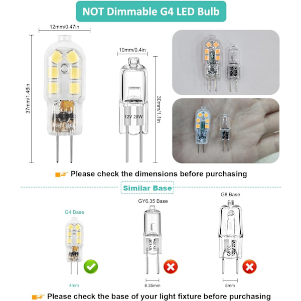 10 stk LED pære G4, 12V dobbel fot G4 pære, ikke-dimbar, 2W halogenpære G4, dagslys hvitt lys 6000K