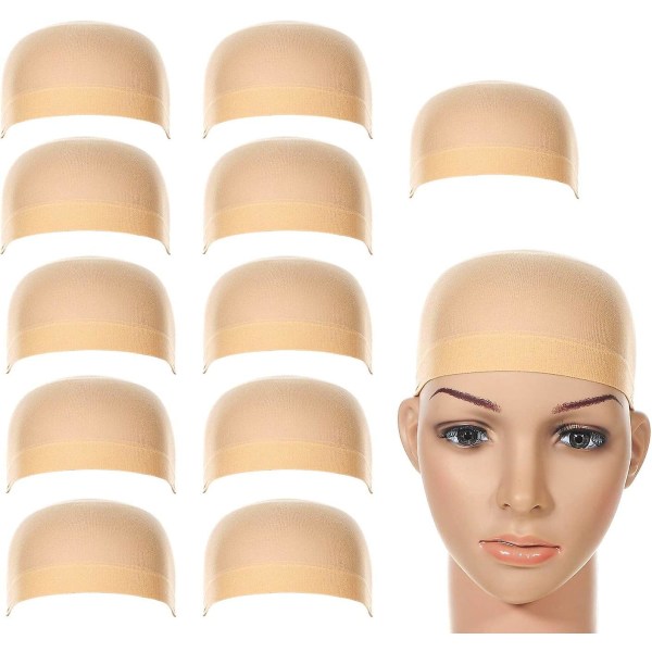 12 pakke elastiske nylon parykk caps; Naturlig beige