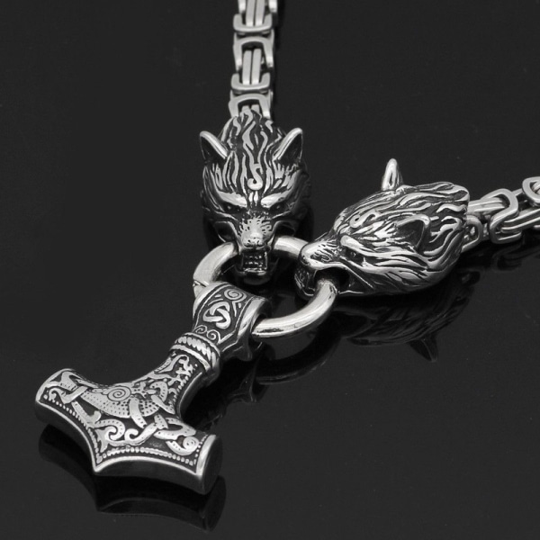 Bysantinsk kjedeanheng Thors hammer i rustfritt stål Wolf Viking smykker 60cm