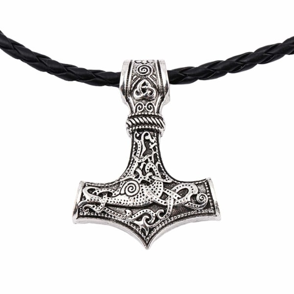 Vikingasmycke Tors hammare med l?derhalsband Silver