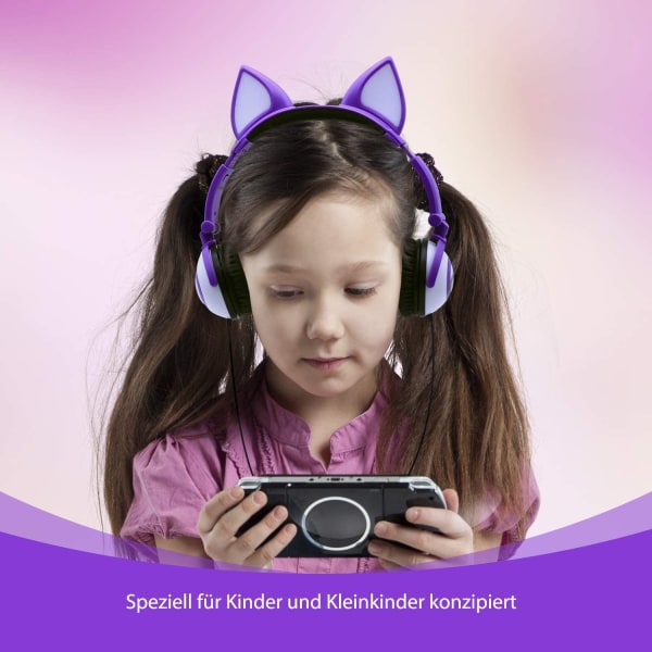 Barnhörlurar med bedårande LED-blinkande kattöron lila