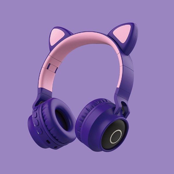 Bluetooth-headset med kattøra, spelheadset Purple Pink