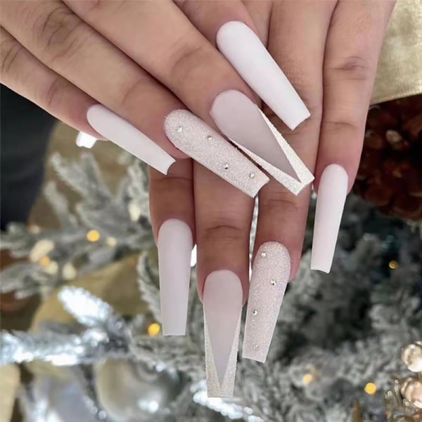 Konstgjorda naglar Lång tryck på naglar Franska vita konstgjorda naglar
