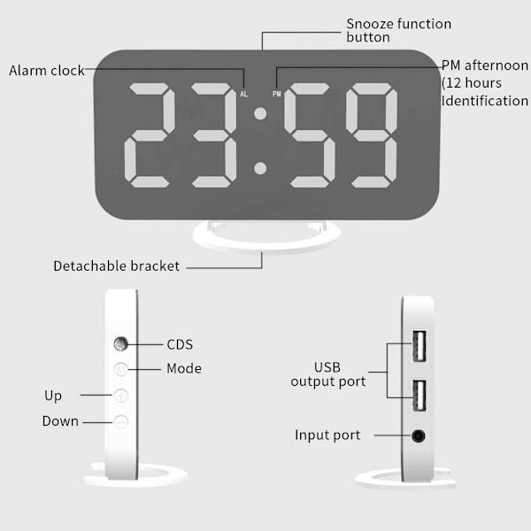 Klocka med spegel, dimbar väckarklocka, USB-port, blå