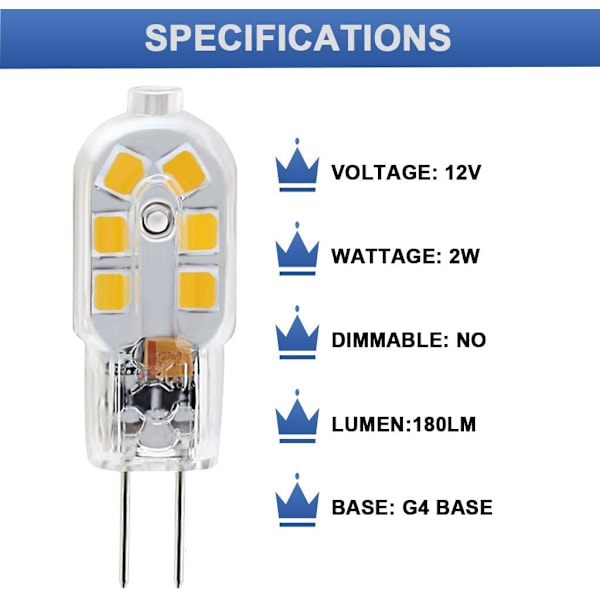 10 stk. LED-pære G4, 20W halogenpære-erstatning, 2W G4 dobbelt fodbase, 12V dagslys 6000 K