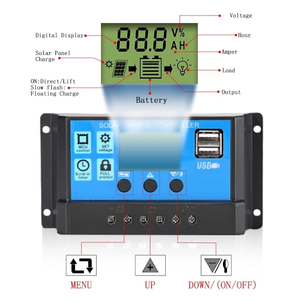 10A solcellsladdningsregulator, 12V/24V solpanel laddningsregulator med 5V dubbel USB-port display justerbar parameter LCD-display