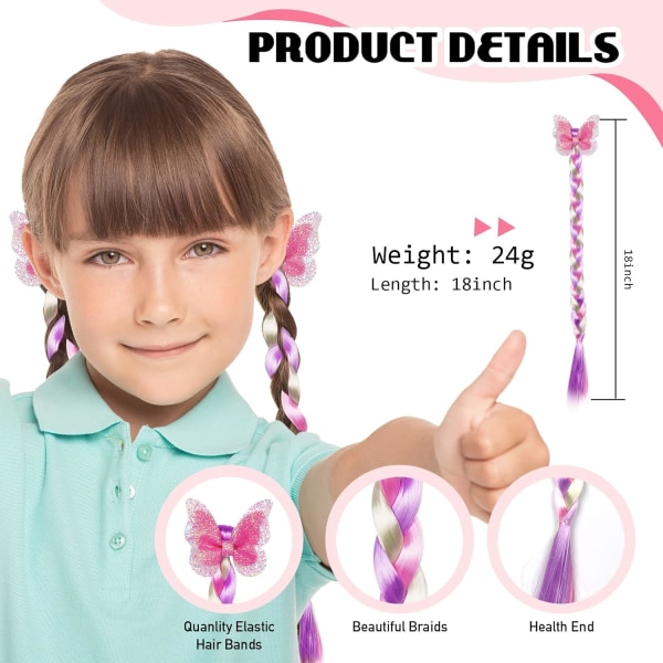 6 st färgade flätor hårförlängningar för barn med gummiband P