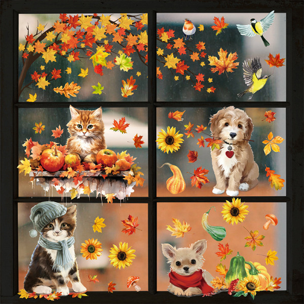 Höstens fönsterdekorationsklistermärken - tecknade djur, fönsterdekorat