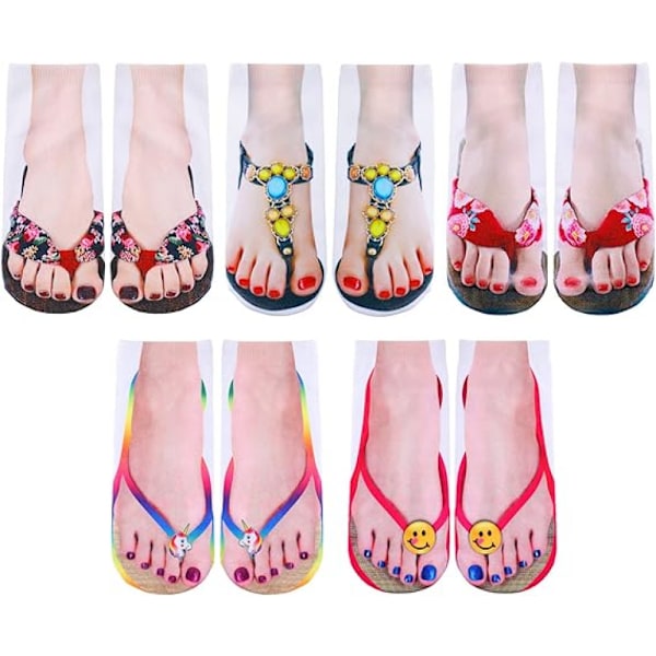 (Novel Style)5 Pairs 3D Pattern Socks Women Print Socks Manicure Print Flip Flop Socks Casual Personalized Socks for Halloween Christmas