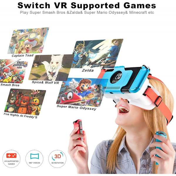 (Hvid og rød) Switch 3D VR-briller til Nintendo Switch/Switch OLED, med justerbar grad HD-linse, 360° panorama