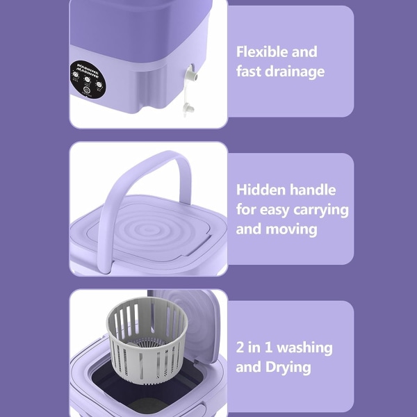 Bärbar 8L hopfällbar minitvättmaskin, minitvättmaskin och centrifugering D