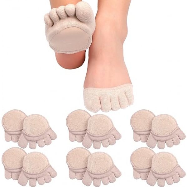 6 par beige tåstrumpor, no show liner strumpor, damstrumpor, fingerstrumpor, halva strumpor, halkfria, osynliga, separerade strumpor