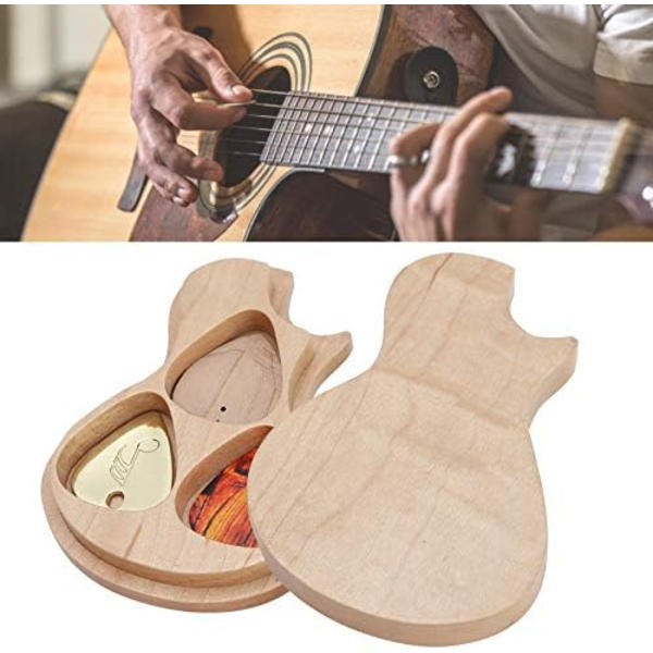 Plektrumfodral med plektrum, träfodral och tillbehör för gitarrspel