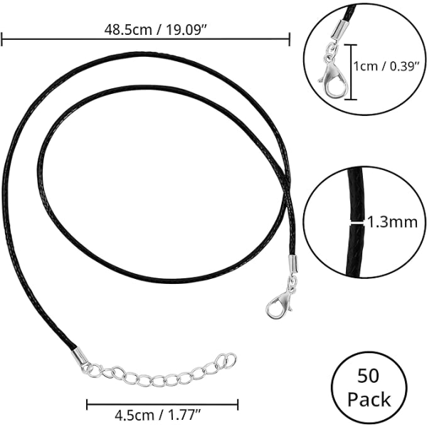 50-pack svart vaxad halsbandssnöre med kedja och hummerlås - 48,5