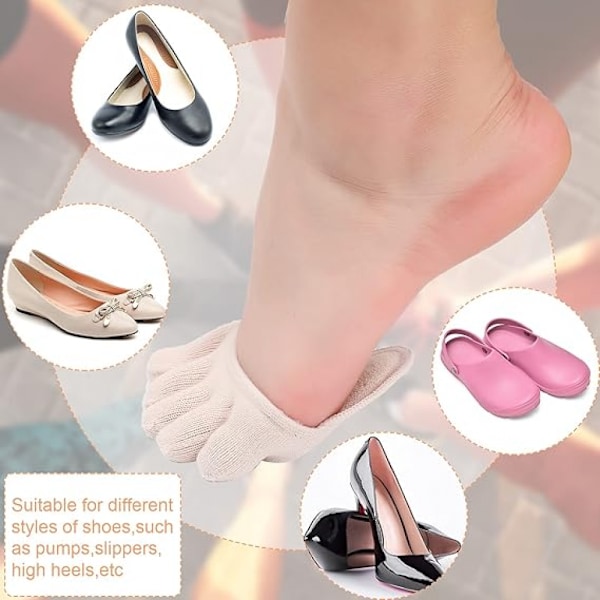 6 par beige tåstrumpor, no show liner strumpor, damstrumpor, fingerstrumpor, halva strumpor, halkfria, osynliga, separerade strumpor