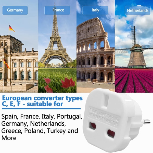 （pack2) EU-reseadapter, UK to European Plug Adapter, Europe Converte