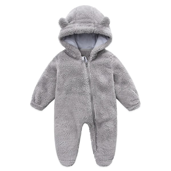 (Grå) Nyfødt Onesie Hette Fleece Onesie Lang Ermet Onesie Yttertøysett