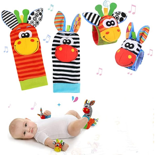 (Stil 1) 4-pack Baby Armband och Strumpor Rassel Leksak Set Armband Klocka Rem Rassel och Strumpor Fot Hittare Djur Baby Fot Strumpor med Leksak