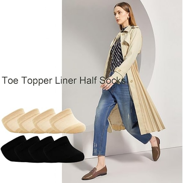 4 par tåsstrumpor (2 par beige + 2 par svarta) halkfria tåstrumpor för kvinnor