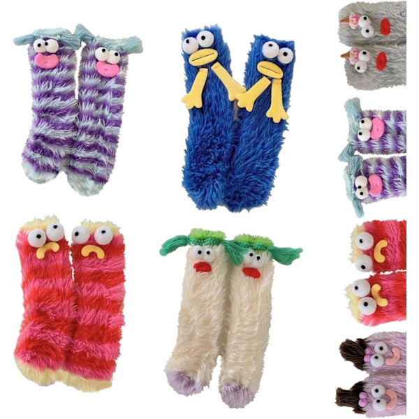 Blå, 4 par, termiska strumpor, varma, mysiga, tecknade monsterstrumpor, klippta