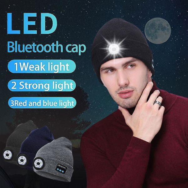 Bluetooth stickad mössa, utomhus ljus mössa, led ljus, musik, svart