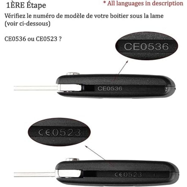 (2 knappar CE0536) Nyckelskal med 2 knappar kompatibel CE0536 Folding Flip Key för Peugeot 207 307 308 407 408 3008 5008 Citroen C2 C3 C4 C5 C6 C8