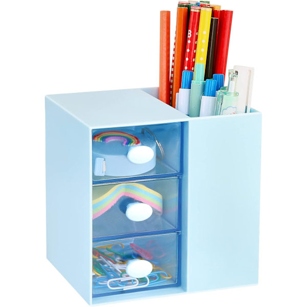 (Blue) Small Desk Organizer with Drawer, Office School Business Organizer for Cards/Pens/Pencils/Markers/Stationery, Plastic Cosme