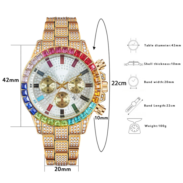 Quartz Watch Chronograph Gold Tone/Rainbow Rhinestone Diamonds