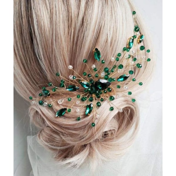 Kvinnor Gold Headpiece Teardrop Emerald Green Crystal Hair Vine Com