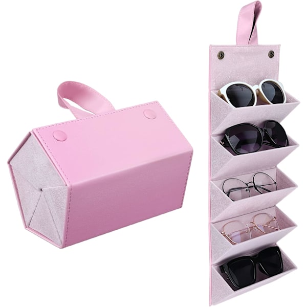 (Pink)Glasses Case with Compartments, Carrying Case for Storing Sunglasses, Foldable Storage Case Po