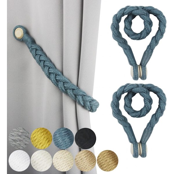 2 Pack Blue Magnetic Soft Curtain Tiebacks Cotton Hand-Woven Tieback Holdback Home with Wooden Buckle